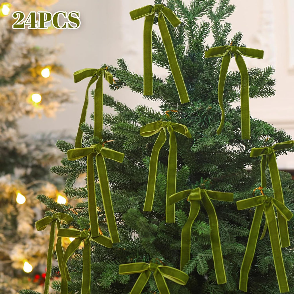 Velvet Bows by Moss Green - 24 Pcs Christmas Tree Ornaments | Coquette Wedding Decor (5 x 7 Inch)