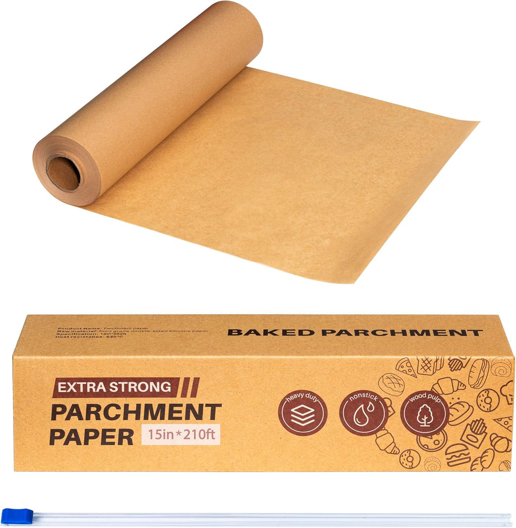 Unbleached Parchment Paper Roll 15in x 210ft - Food Grade Non-Stick Baking Paper with Built-in Slide Cutter