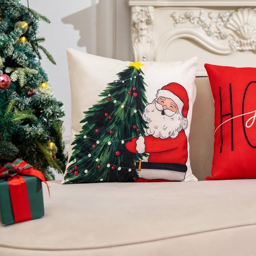 Hongsome Christmas Throw Pillow Covers - Set of 4 Decorative Snowman & Santa Cases | 18x18 Inches Red & White Holiday Decor