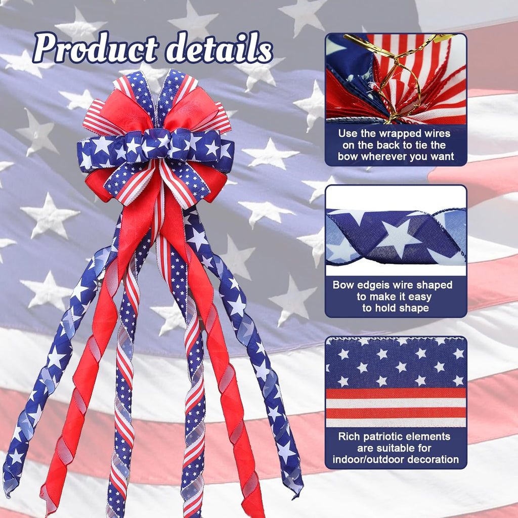 Patriotic 4th of July Tree Topper Bow by [Brand Name] - Large 52x13 Inch Pre-Tied Ribbon for Wreaths & Decor | Red, Blue, White