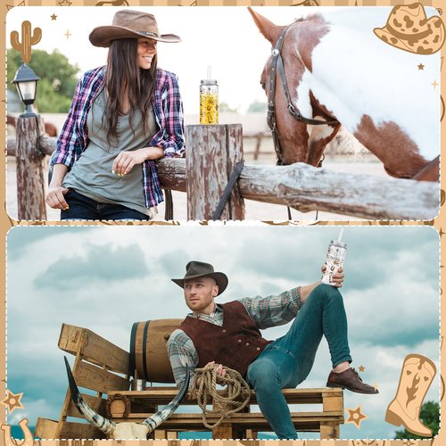 Qinyoung 24 Pcs Western Cowgirl Cowboy Plastic Tumbler 14.2 oz Cowgirl Party Favors Reusable Cups with Lids and Straws Decoration Iced Coffee Cup My First Rodeo Decorations(Classic Style,Brown)