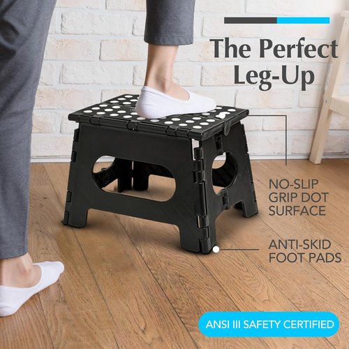 Handy Laundry Folding Step Stool - Sturdy Collapsible Design for Adults & Kids - Easy One-Flip Operation | Black - 9 Inch