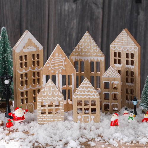 Briwooody 7 Pcs Christmas Village Houses Wooden Christmas Village Set Gingerbread House Decor Wood Ginger Bread Decor Winter Desk Shelf Ornament for Home Office Coffee Bar Tabletop(Gingerbread Colors)