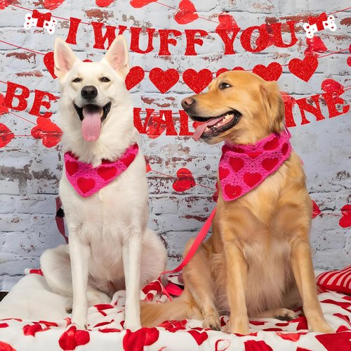 Valentines Day Banner Garland, Set of 3 Glitter Valentines Day Decorations Red Heart Garlands, Dog Valentines Banner Decorations for Home Outdoor Valentines Birthday Anniversary Decor