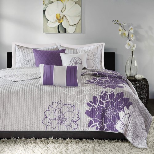 Madison Park Lola 100% Cotton Quilt Set-Casual Floral Channel Stitching Design All Season, Lightweight Coverlet Bedspread Bedding, Shams, Decorative Pillows, Full/Queen (90 in x 90 in), Purple 6 Piece