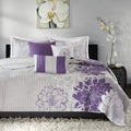 Madison Park Lola 100% Cotton Quilt Set-Casual Floral Channel Stitching Design All Season, Lightweight Coverlet Bedspread Bedding, Shams, Decorative Pillows, Full/Queen (90 in x 90 in), Purple 6 Piece