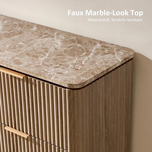 Fluted Dresser with Faux Marble Top - 6 Drawer Chest for Bedroom | Curved Design in Natural Oak