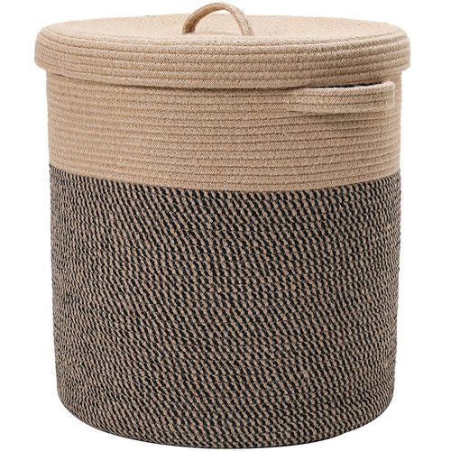 Extra Large 16" x 16" x 18" Storage Basket with Lid, Cotton Rope Laundry Hamper, Cloth Bin for Clothes, Towels, Blankets, Pillows in Living Room, Jute/Black Mix Basket
