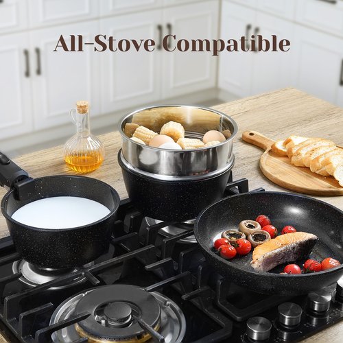 BECIGAR 21PCS ceramic cookware set,Nonstick ceramic pan, Removable Handle pots and pans set, Stackable Pan Set, Nonstick Pots and Pans Set Non Stick(Black)