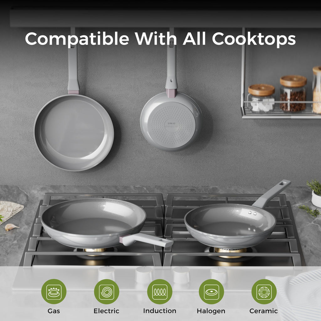 Sanho Nonstick Frying Pans Set, Ceramic Pan Skillet, Non Toxic Pans for Cooking, 8" 10" 12" Ceramic Frying Pan Set PFAS & PTFE & PFOA Free with Stay Cool Handle, Dishwasher & Oven Safe, Gray