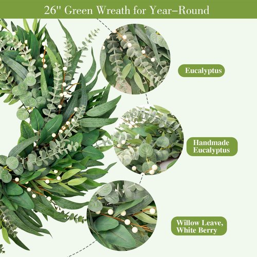 22 Inch Eucalyptus Wreaths for Front Door Year Round, Large Green Artificial Farmhouse Wreath for Home Decorations Outdoo Indoor Wall Window Porch