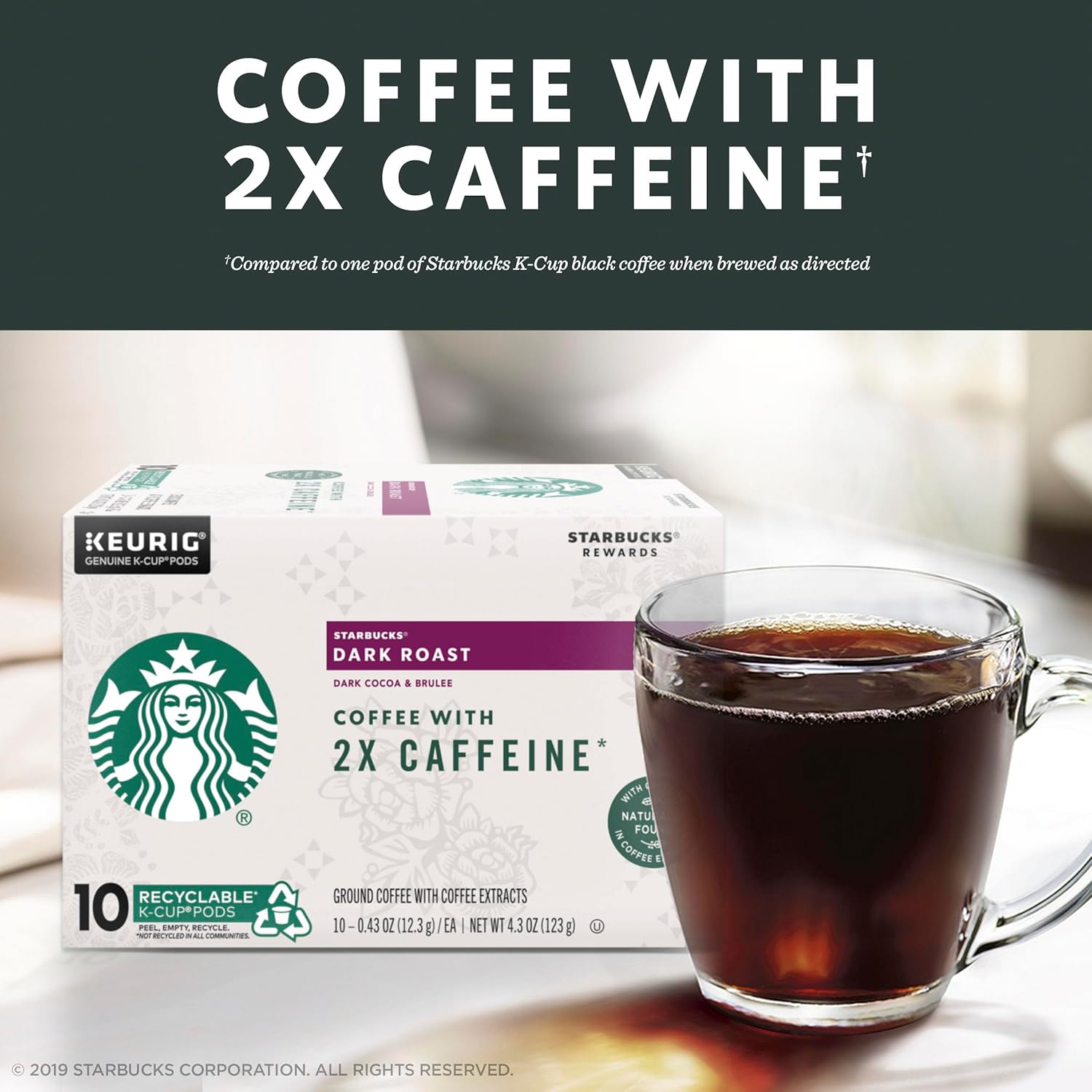 Starbucks Dark Roast K-Cup Coffee Pods - 2X Caffeine for Keurig Brewers | 60 Pods Total