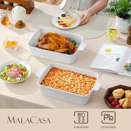 MALACASA 4.4 QT Baking Dish - Durable Ceramic Casserole Pan with Rack | 9x13 Rectangular Lasagna Dish, White