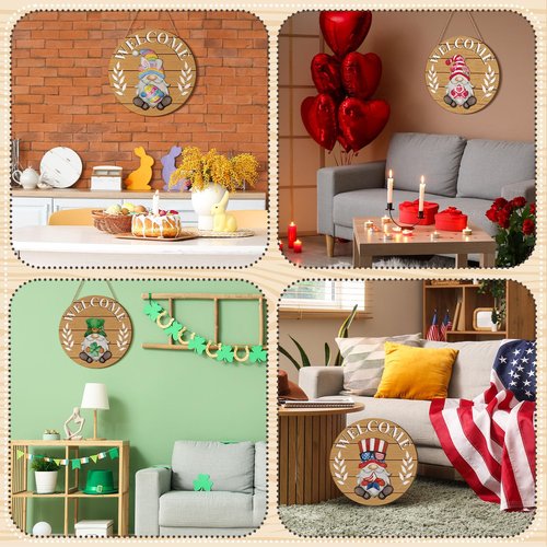 Qunclay Interchangeable Wooden Gnome Decor Holiday Seasonal Gnome Decorations with Magnet Pieces and Detachable Hats Changeable Welcome Sign for Home(Fresh Style)
