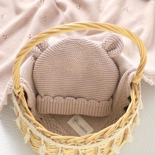 LAWKUL Baby Blanket & Beanie Hat Set 100% Organic Cotton Newborn Swaddle Beanie Soft Cozy for Infants Boy Girl Gift Pink