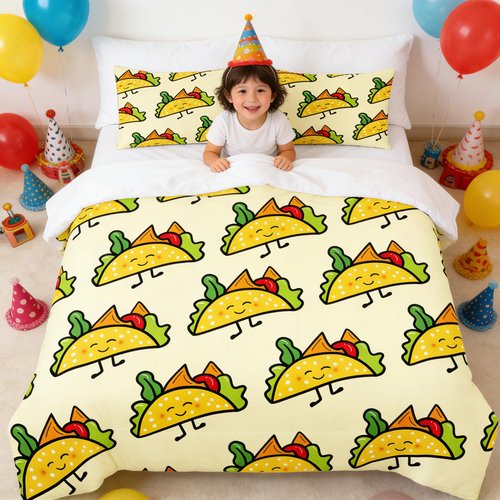 CCoutueChen Kids Sandwich Comforter Set Twin Size, Yellow Food Bedding Set for Cute Cartoon Children Bedroom Decor, 68'' x 86''
