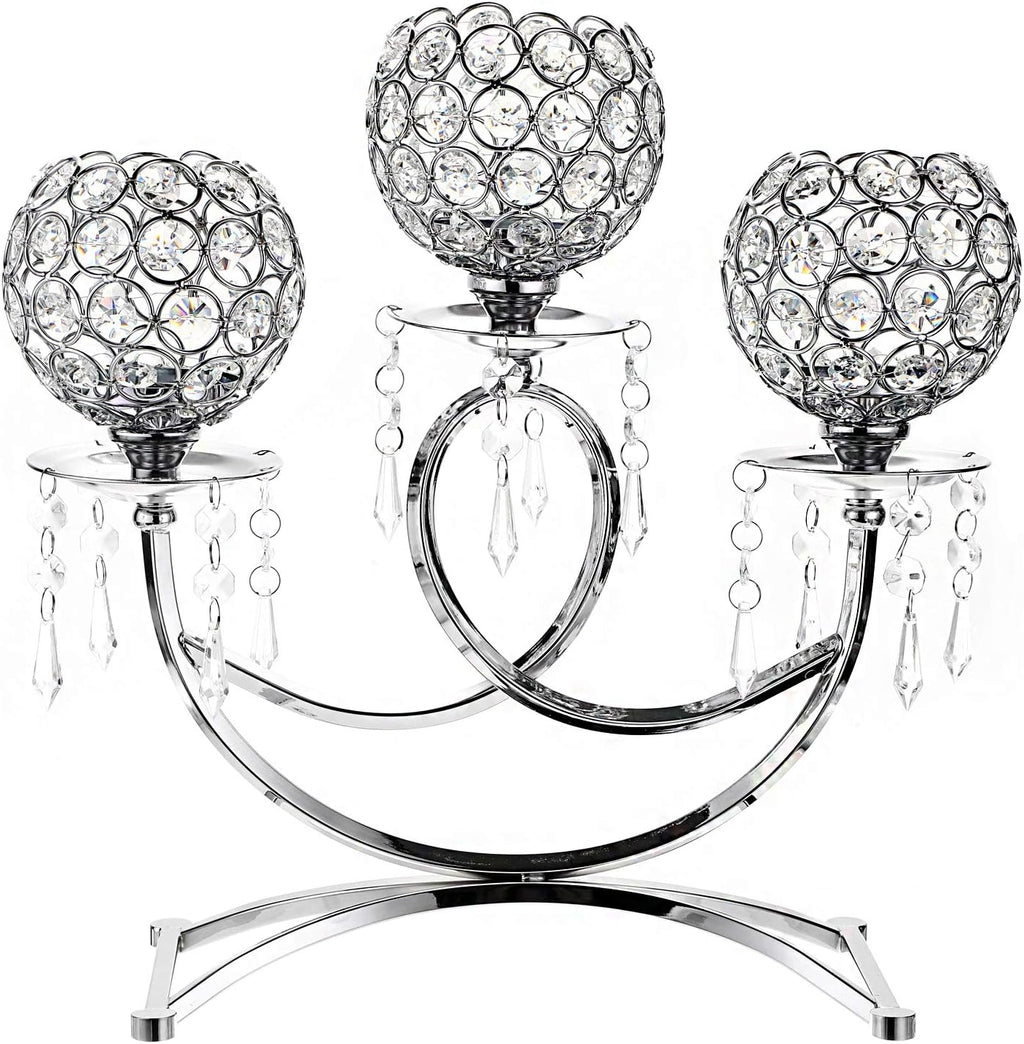 OwnMy Crystal Candle Holders - Elegant 3-Arms Tealight Candelabra for Weddings & Home Decor | Silver