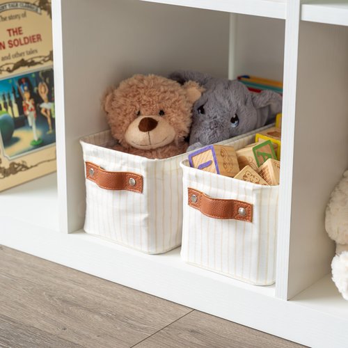 OrganiHaus Narrow Storage Bins 15x06in, Small Closet Bins for Shelves, Bathroom Storage Baskets, Narrow Baskets, Fabric Organizer with Handles, Toilet Paper Organizer - 2 Pack, White w/ Brown Stripes