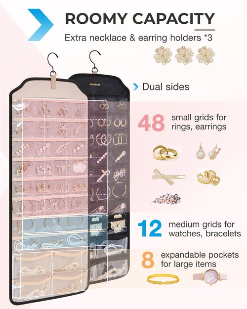BAGSMART Hanging Jewelry Organizer, Jewelry Holder Organizer Accessories Organizer, 68 Pocket Earring Organizer Organizer for Wall Holding Jewelries,Large Black 1 Piece