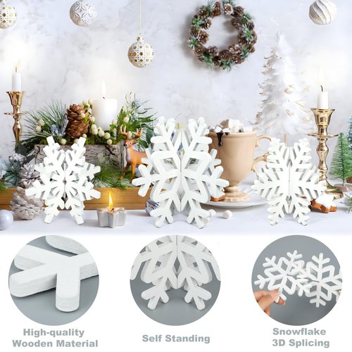 16 Pcs Christmas Snowflake Wooden Decor Winter 3D Snowflake Tabletop Sign Christmas Tiered Tray Decorations White Snowflake Wood Blocks Centerpiece for Xmas Wonderland Party Home Table Decor