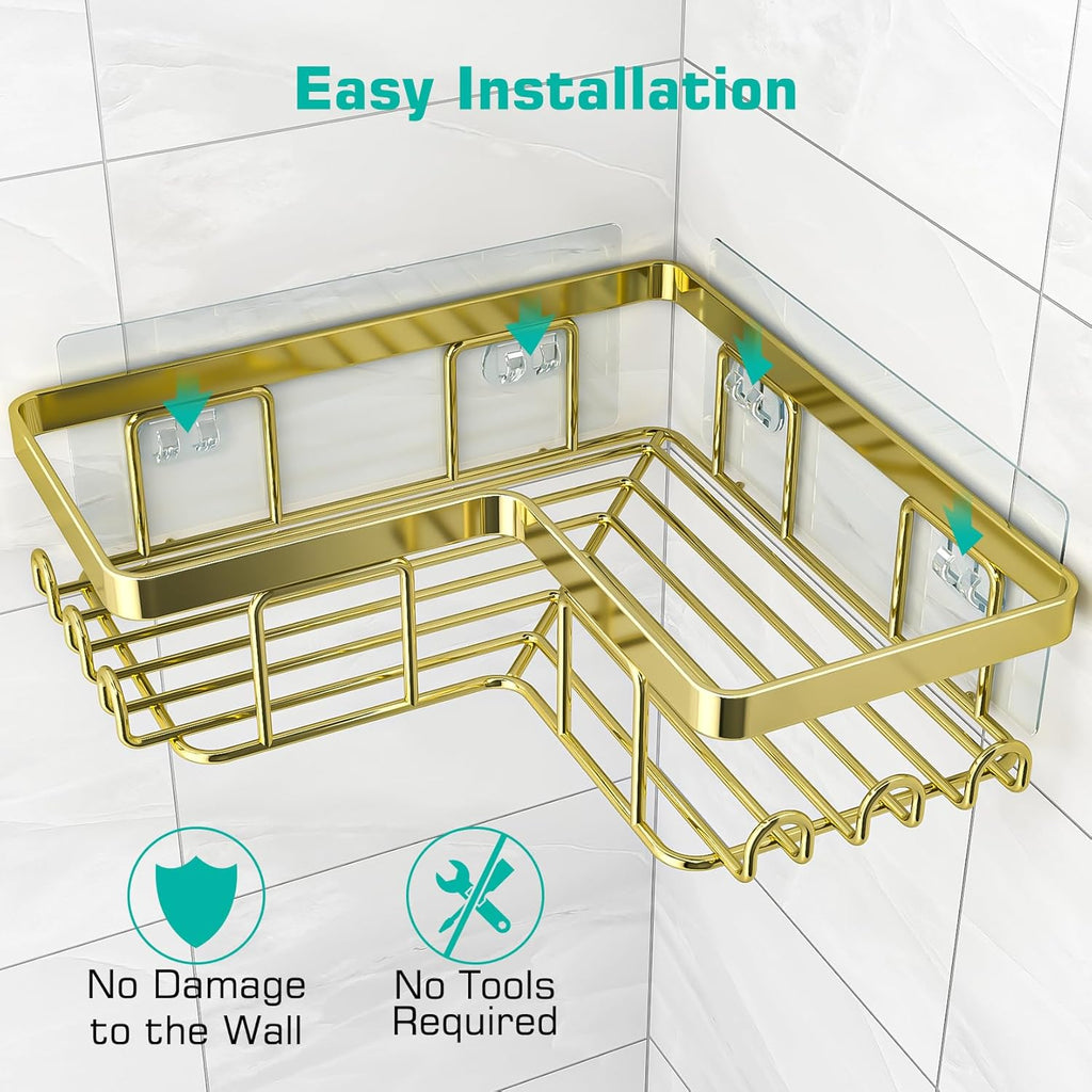 YASONIC Corner Shower Caddy - 3-Pack Adhesive Bathroom Organizer with Soap Holder & 12 Hooks | Rustproof Stainless Steel, Gold