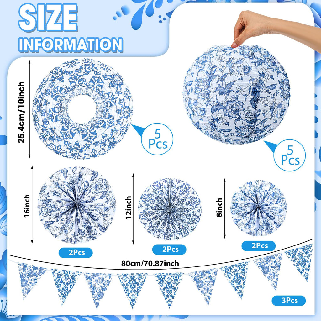Tujoe 19 Pcs Chinoiserie Themed Party Decorations 10 Paper Lanterns 3 Triangle Flags Banner 6 Hanging Round Fans Blue and White Print Chinese Hanging Decoration for Ceiling Wedding Birthday Home Decor
