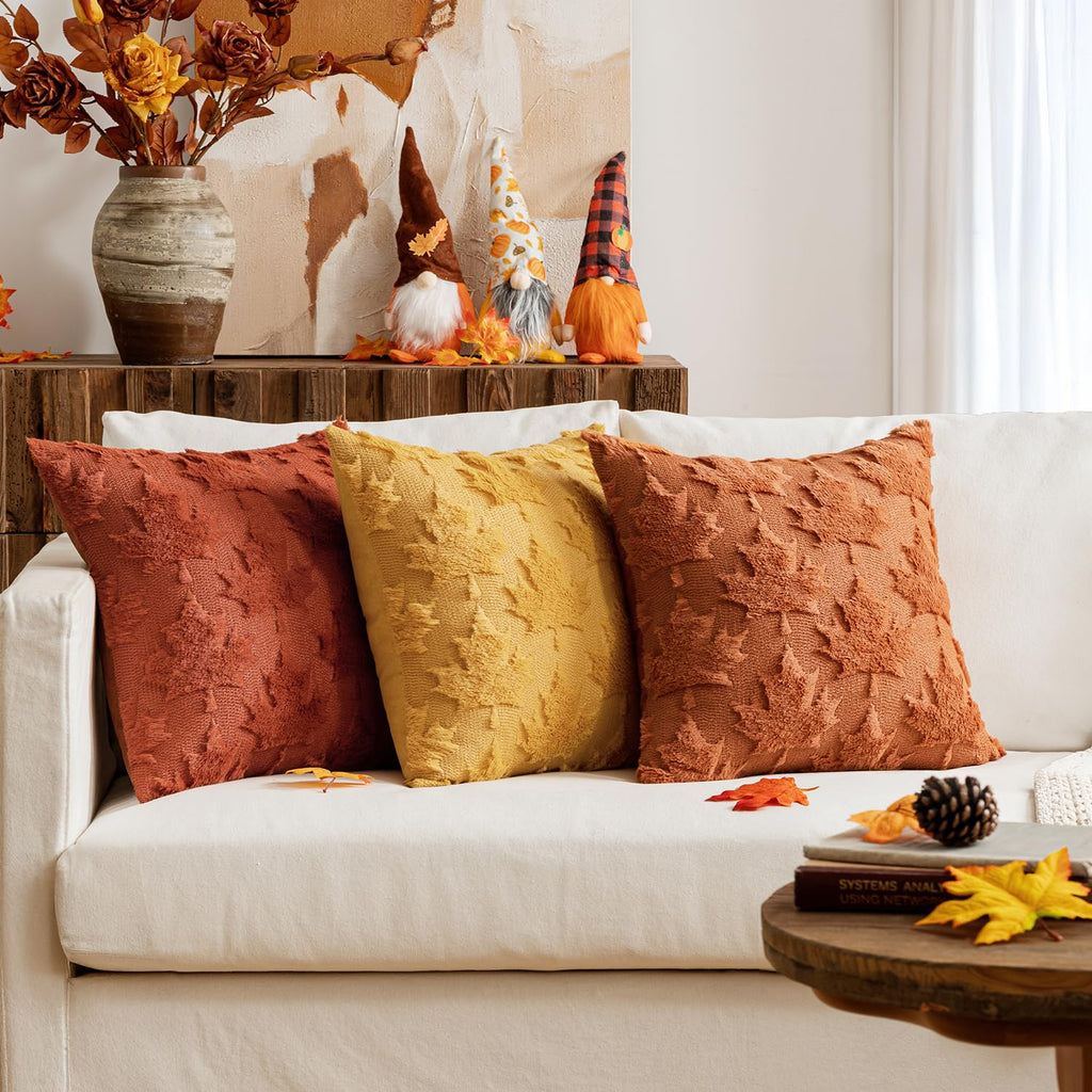 MIULEE Fall Autumn Throw Pillow Covers 18x18 Burnt Orange Set of 2 Thanksgiving Decorative Solid Maple Leaf Accent Pillow Cases Soft Plush Faux Wool for Home Decor Holiday Outdoor Porch Bedroom