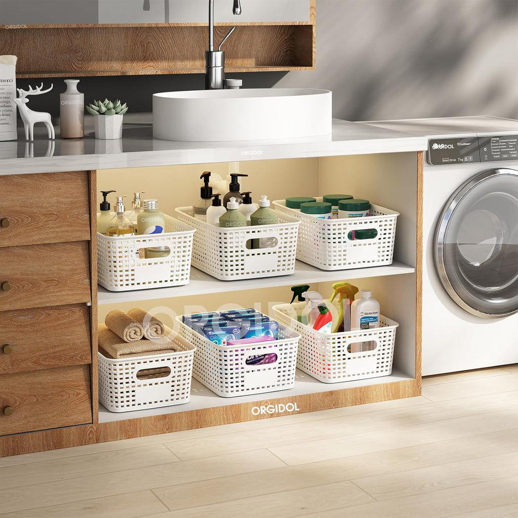 ORGIDOL Stackable Plastic Storage Baskets - 10 Pack with Lids for Organizing Home & Office | White