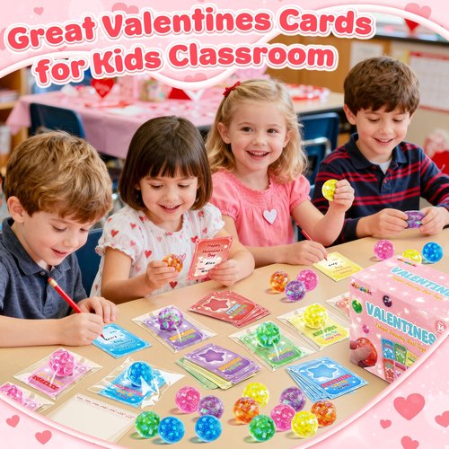 Valentines Day Cards for Kids School - 24 Pack Glitter Stretchy Balls, Valentines Day Gifts for Kids, Squeeze Stress Fidget Toys for Classroom Prize Exchange, Valentine Party Favors for Boys Girls
