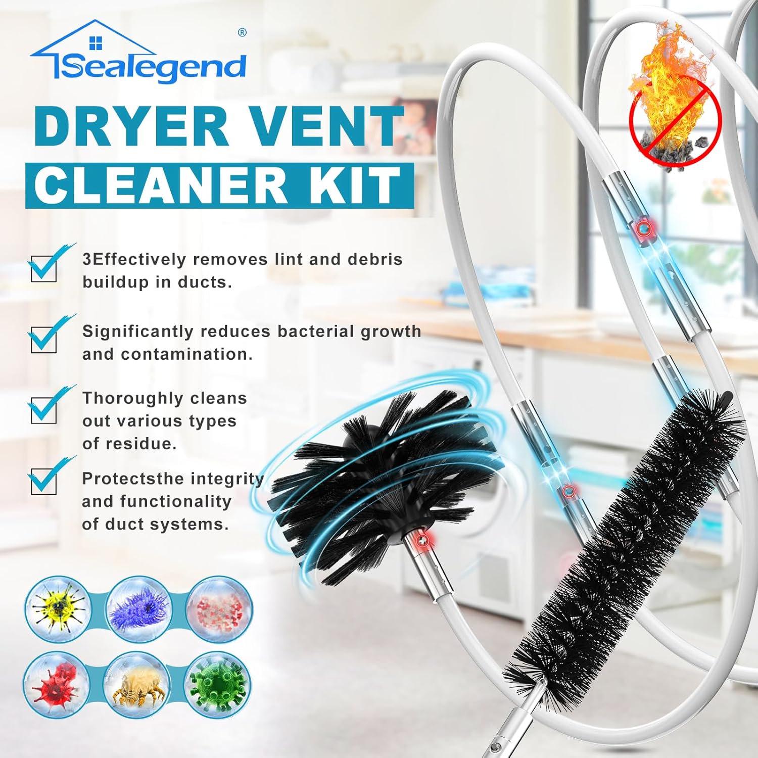 Sealegend 40 Feet Dryer Vent Cleaner Kit - Upgraded Flexible Brush with Drill Attachment for Easy Lint Removal