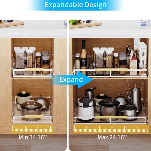 KIKIBRO Expandable Pull Out Drawer Cabinet Organizer, Adjustable Width Bottom-Mounted Slide Out Storage Shelves for Cabinets, Required Cabinet Size (14.16"~24.36", D≥17.3"), 2 Pack