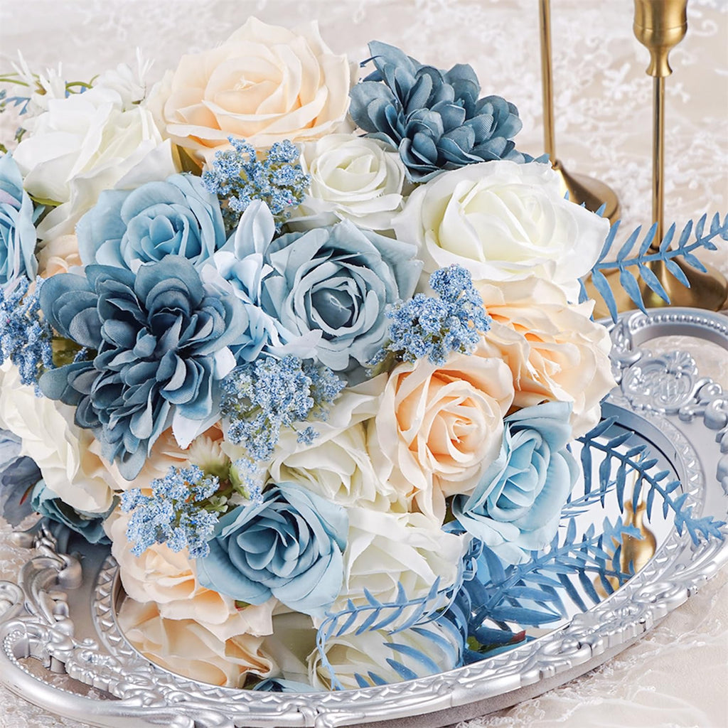 Dusty Blue Rose Bouquets for Bride Wedding White Navy Blue Champagne Cascading Bridal Bouquet Artificial Silk Flower Boho Rustic Ceremony Anniversary Decor Summer Fall Winter Wedding Toss Bouquet