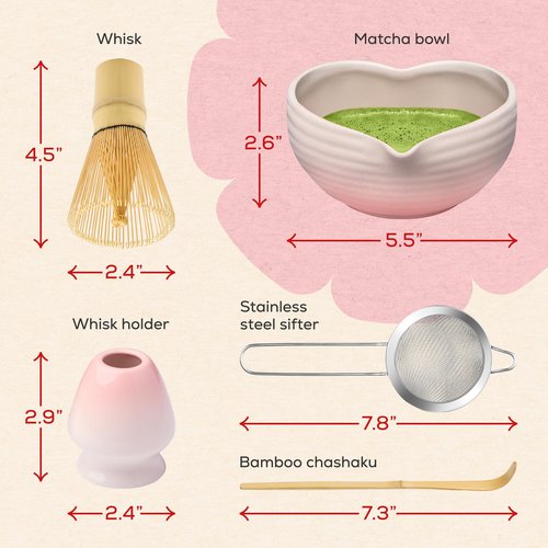 Rehny’s Matcha Whisk Set|Complete Pink Matcha Set w/Heart-Shaped Bowl, Bamboo Whisk, Holder, Stainless Steel Sifter, Bamboo Scoop|Cute Gift Present Macha Kit Handmade Bowl |Macha Powder Tea Kit