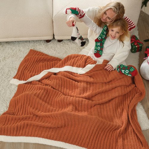 Snuggle Sac Ribbed Burnt Orange Fall Throw Blanket for Couch, Fuzzy Microfiber Knit Blankets for Couch, Sofa, Travel, Burnt Orange, 50x60 inches
