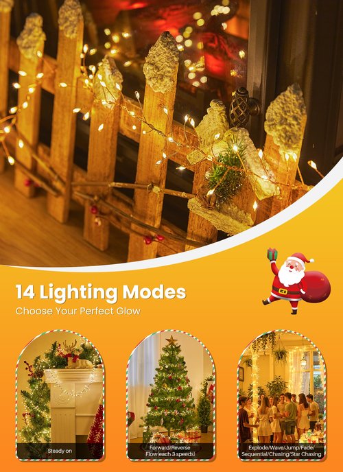 SmartDawn Flowing Fairy Lights Plug in with 14 Modes, 10FT 388LED Twinkle Firecrackers String Lights Indoor Waterproof, Christmas Tree Cluster Lights for Bedroom Garland Christmas Decor, Warm White