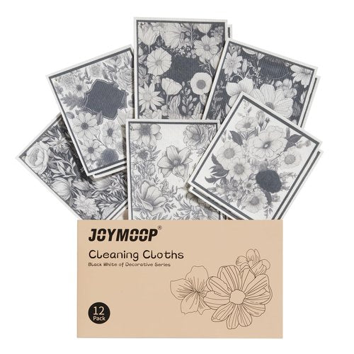 JOYMOOP 12 Pack Decorate Cleaning Cloth (Black White of Decorative Series), Reusable Absorbent Dish Towels, Non-Scratch Washable Rags for Cookware, Kitchen and Household Cleaning - 6.7×7.9 inch