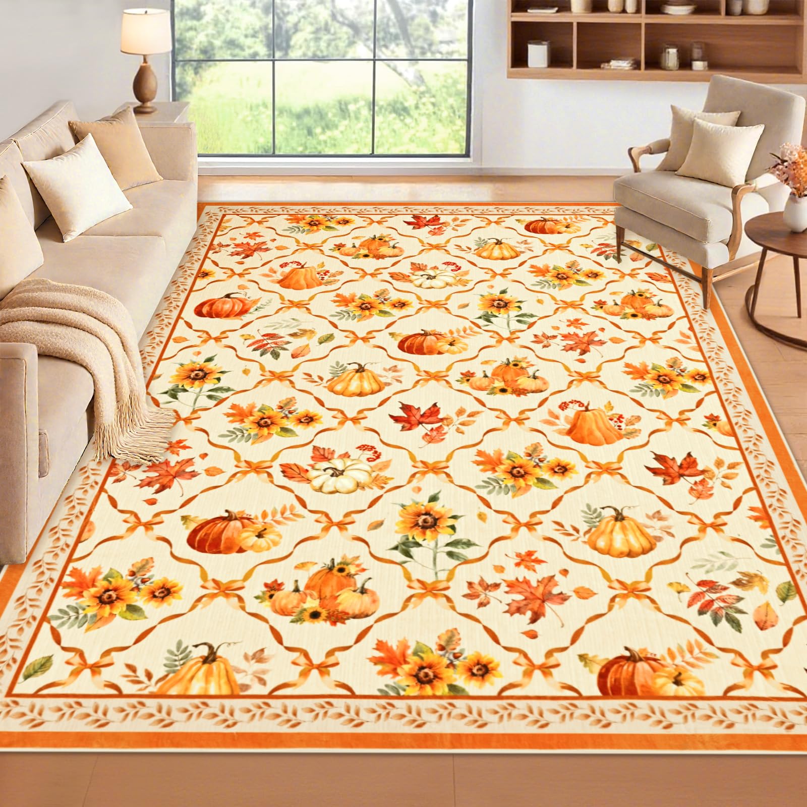 Likiyol Fall Area Rug 3x5 Rugs for Bedroom, Non Slip Washable Rugs for Living Room Soft Faux Cashmere Thanksgiving Pumpkin Bedroom Rug Low Profile Throw Rugs for Dining Room, Kids Room Decor, Beige
