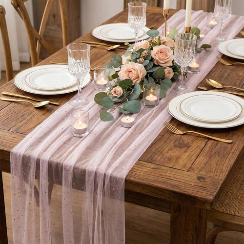 Tegeme Pink Table Runner 120 Inch 10 ft Sheer Gauze Glitter Foil Tulle Runner Cheesecloth Sequin Table Decorations for Wedding Anniversary Holiday Birthday Party Decor
