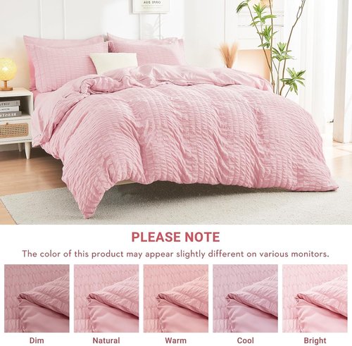 HYMOKEGE California King Comforter Set - Luxury 7-Piece Seersucker Bedding in Pink for All Seasons