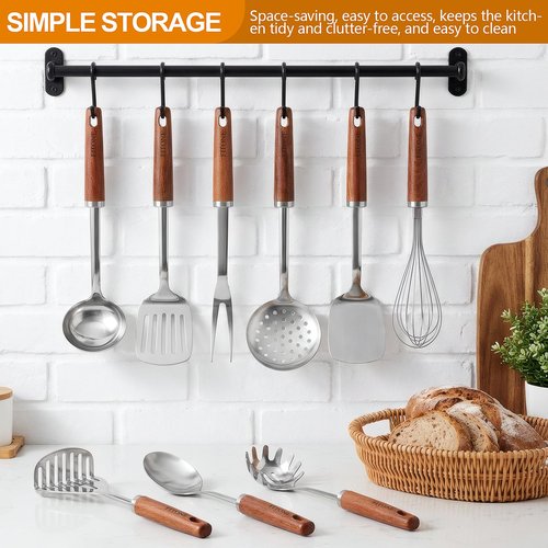 9PCS 18/8 Stainless Steel Kitchen Utensils, Stainless Steel Cooking Utensils with Wooden Handle, Metal Cooking Utensils Set, Spatula, Ladle, Skimmer, Spaghetti Spoon, Potato Masher, Easy To Clean