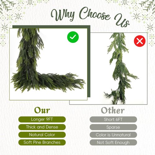 N&T NIETING 9FT Christmas Norfolk Pine Garland - Real Touch Faux Greenery for Indoor/Outdoor Decor