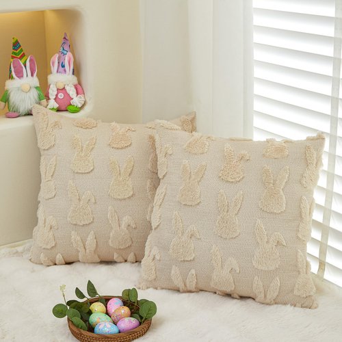 LOMCHEN Easter Throw Pillow Covers 18x18 inch Set of 2 for Easter Decorations Beige Bunny Rabbit Soft Plush Faux Fur Wool Pillow Covers for Sofa Living Room Couch Bed