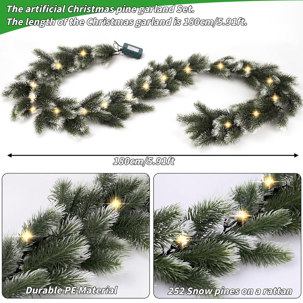 2 Pack Pre Lit Snow Flocked Christmas Garland 6 ft Artificial Christmas Garland with Warm White 30 LED Light and Timer Frosted Faux Pine Winter Garland for Home Indoor Outdoor Mantel Seasonal Decor