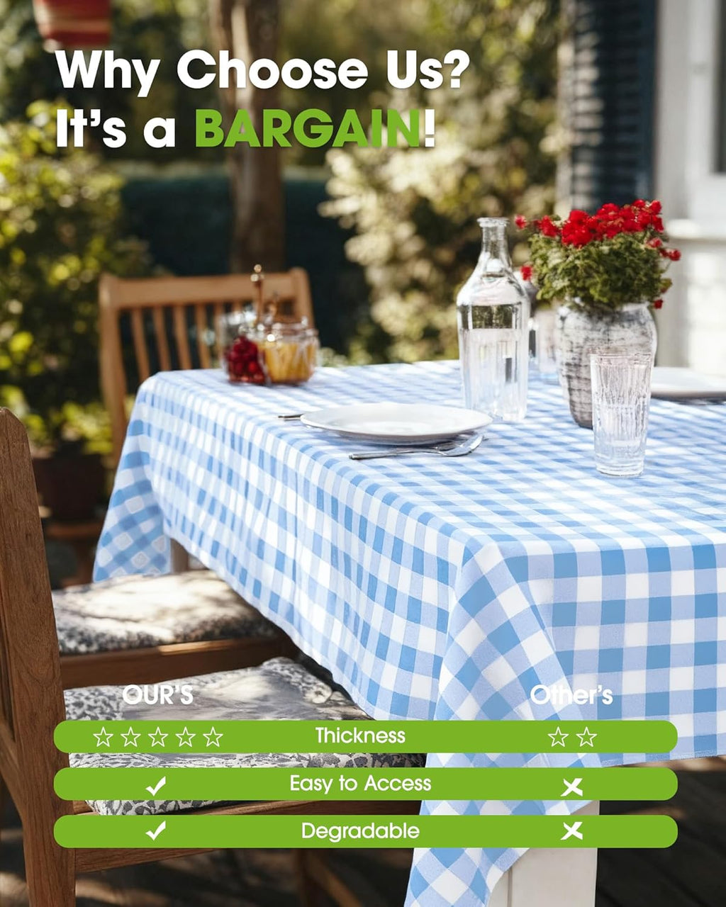 Pureegg Disposable Table Cloths - 8 Pack Gingham Design, 54 x 108 Inch, Leakproof & Sturdy, Blue Checkered
