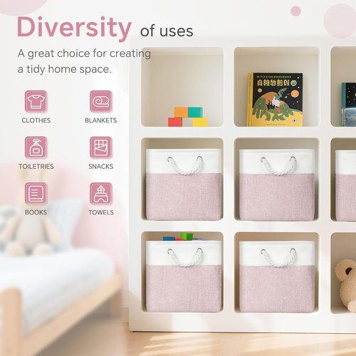 FinishingBo Cube Storage Bins - 6 Pack 11x11 Inch with Cotton Handles for Closet & Shelves | White/Pink