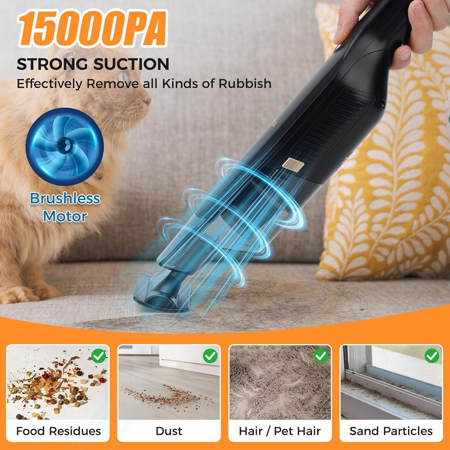 Skiennix Handheld Cordless Vacuum - 15KPA High Power with USB Quick Charge & Washable Filter | Black