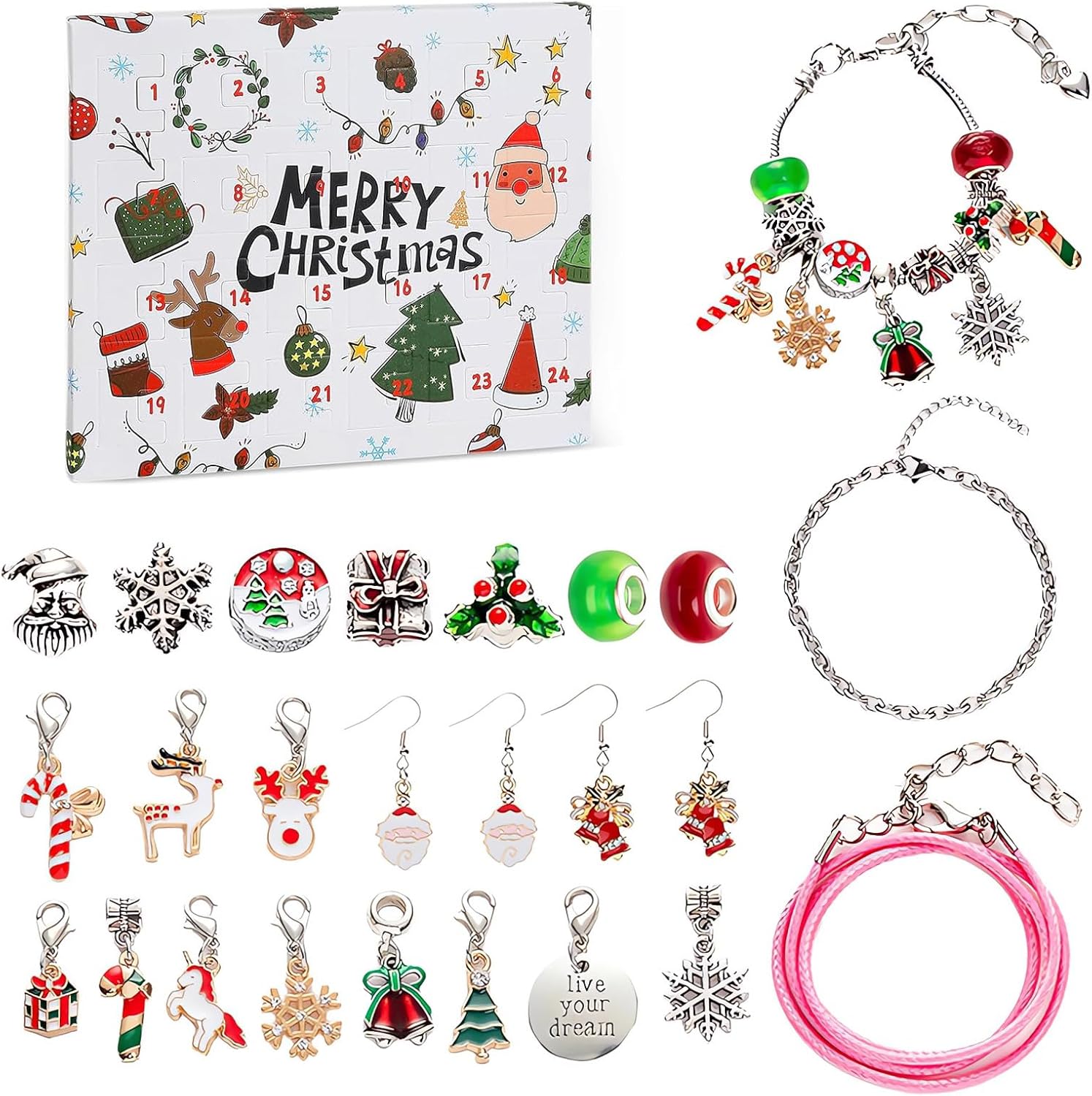 Skiennix Christmas Advent Calendar Bracelets 2024 - 24-Day Countdown with 22 Charm Beads & 2 Bracelets for Girls & Teens