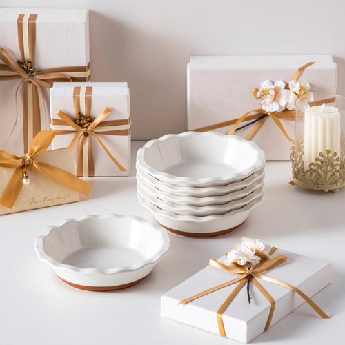 MALACASA Ceramic Mini Pie Pans Set of 6, 6 Inch Pie Plates for Baking with Ruffled Edge, Small Quiche Baking Dish Pans Tart Pans, Individual Pot Pie Plates, Microwave & Oven Safe, Khaki White