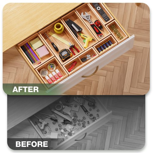 9-Pack Solid Wood Drawer Organizer, Modular Junk Drawer Organizer with Non-Slip Pad, Multi-Use Storage for Kitchen Office Bedroom Dresser for Utensil Stationery Makeup Stationery Tea & Coffee Pod