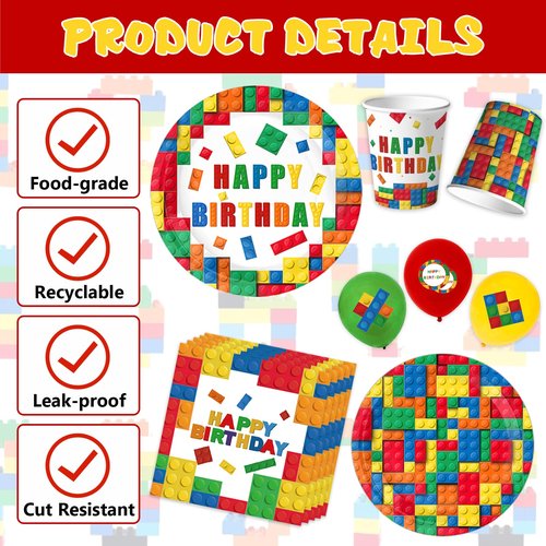 Building Block Party Plates Building Block Birthday Party Supplies Decorations Serve 25 including Disposable Paper Plates Napkins, Cups, Forks, Tablecloth, Happy Birthday Banner, and Balloons